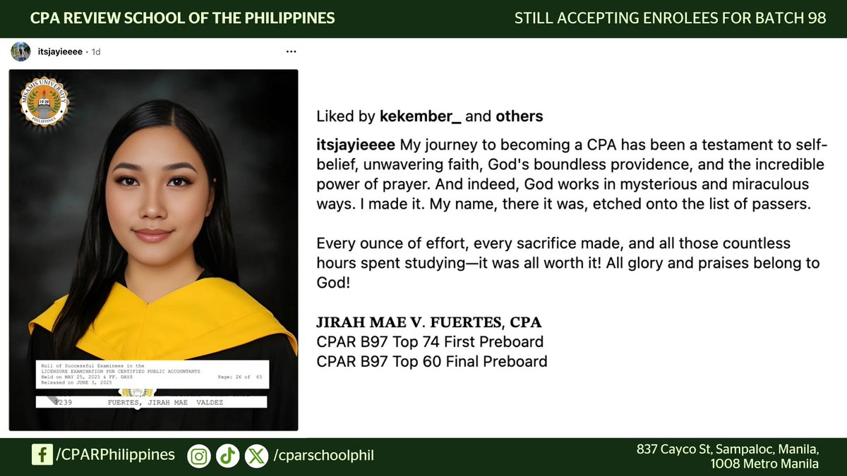 cparschoolphil's tweet photo. More than just examination tips and hacks, preparing for the boards is about realizing the most important lessons that life has to teach us.

Godspeed, Jirah, and thank you for taking this part of your journey with us! 💚🙏🏼

Take your first step here: https://t.co/nyYQoL7AJC https://t.co/APUdx1yI24