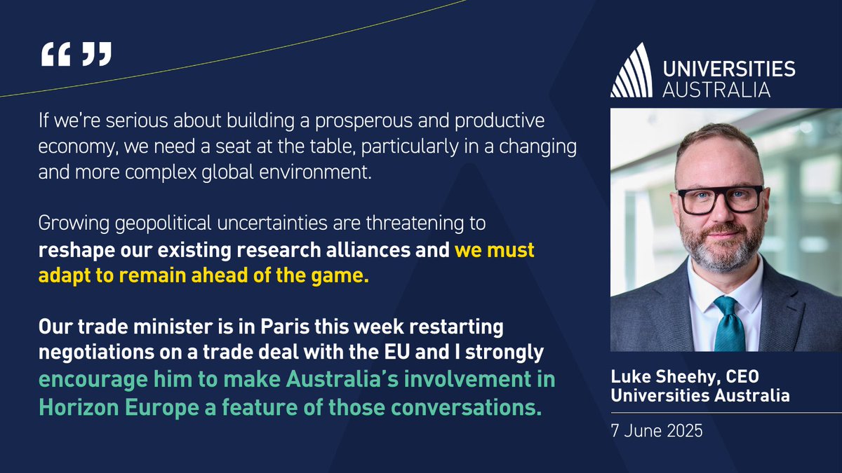 Universities Australia (@uniaus) on Twitter photo Our CEO <a href="/LukeSheehyUA/">Luke Sheehy</a> is urging the Australian Government to prioritise Australia’s participation in Horizon Europe during trade negotiations with the European Union.
#HorizonEurope #AustraliaEU #AustralianResearch #GlobalCollaboration Our CEO <a href="/LukeSheehyUA/">Luke Sheehy</a> is urging the Australian Government to prioritise Australia’s participation in Horizon Europe during trade negotiations with the European Union.
#HorizonEurope #AustraliaEU #AustralianResearch #GlobalCollaboration