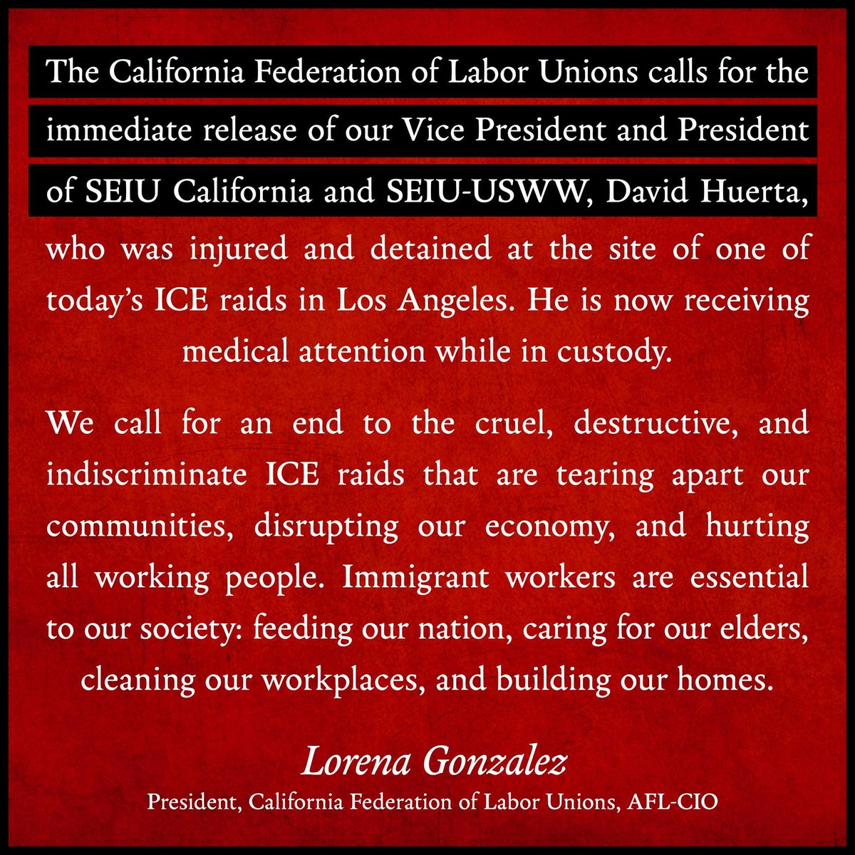 California Federation of Labor Unions (@californialabor) on Twitter photo The California Labor Movement stands in strong solidarity with our brother David Huerta. We demand his immediate release! <a href="/seiucalifornia/">SEIU California</a> The California Labor Movement stands in strong solidarity with our brother David Huerta. We demand his immediate release! <a href="/seiucalifornia/">SEIU California</a>