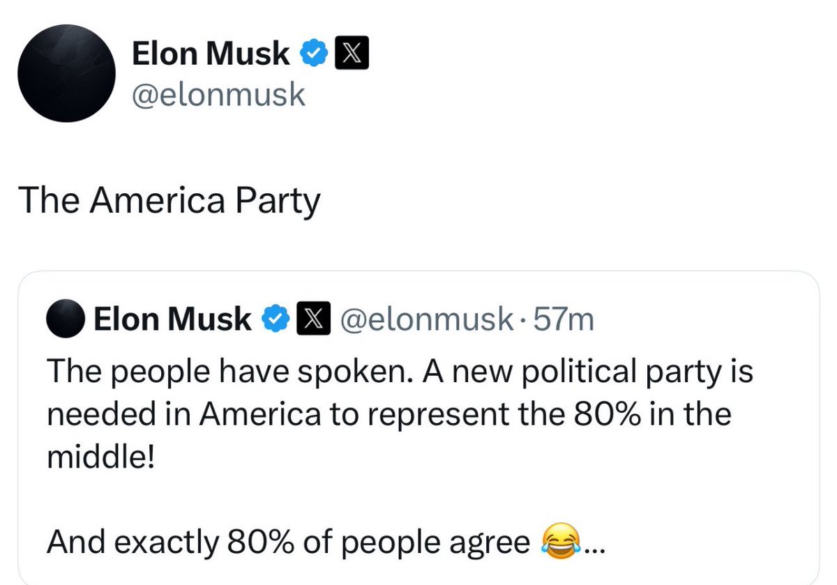 BREAKING 🅱️

Elon Musk to start a new political party called “The American Party”.. 

Thoughts?