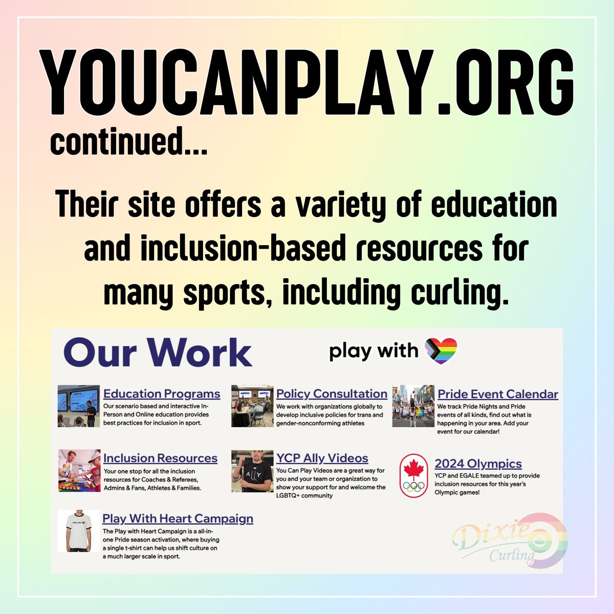 DixieCurling's tweet image. June is Pride Month! Dixie is dedicated to taking steps toward making the club a safe and inclusive space for all curlers. Take a look at some of these initiatives supporting LGBTQ+ athletes!🏳️🌈 😊