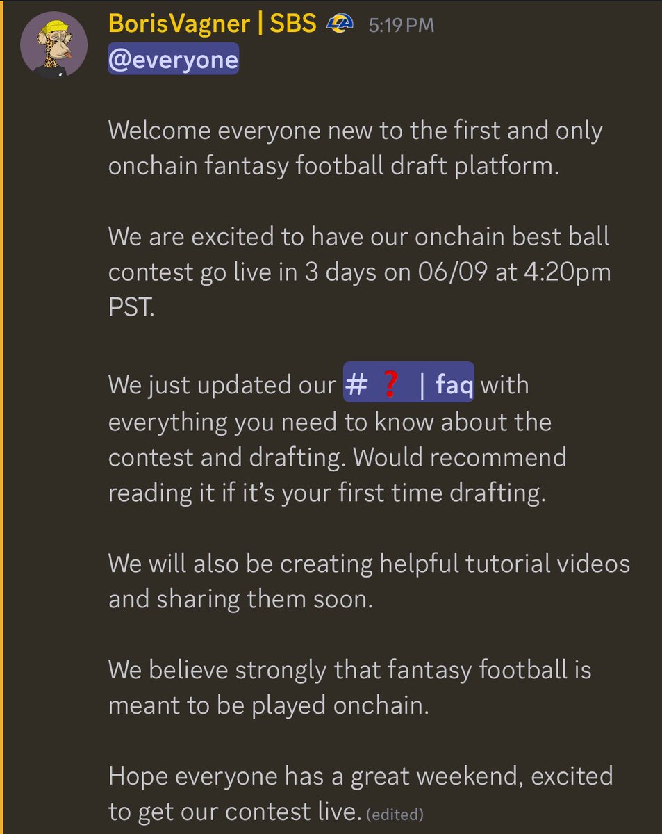 We are excited to have many new members join our community.

We updated our FAQ in our discord with helpful info if it’s your first time drafting in  our Banana Best Ball contest. 

See you in the drafts streets soon. 

Discord: discord.gg/PUGnxwzZ