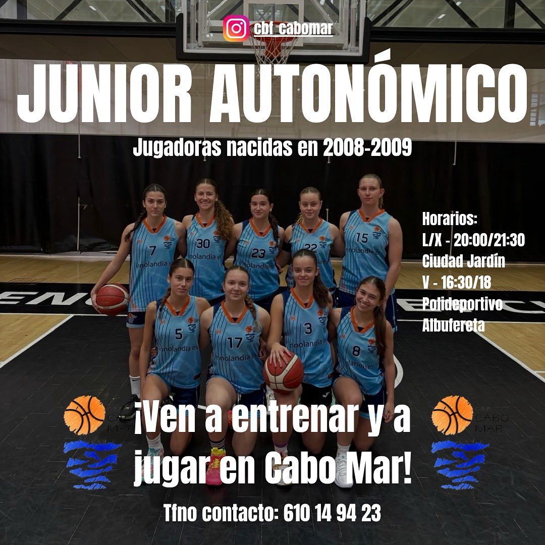 El Club Cabo Mar abre plazas para su equipo Junior Autonómico (jugadoras nacidas en 2008 y 2009). Si estás comprometida con el baloncesto y quieres formar parte de un proyecto sólido y con trayectoria, te invitamos a venir a entrenar con nosotras. Contacta con el club e infórmate