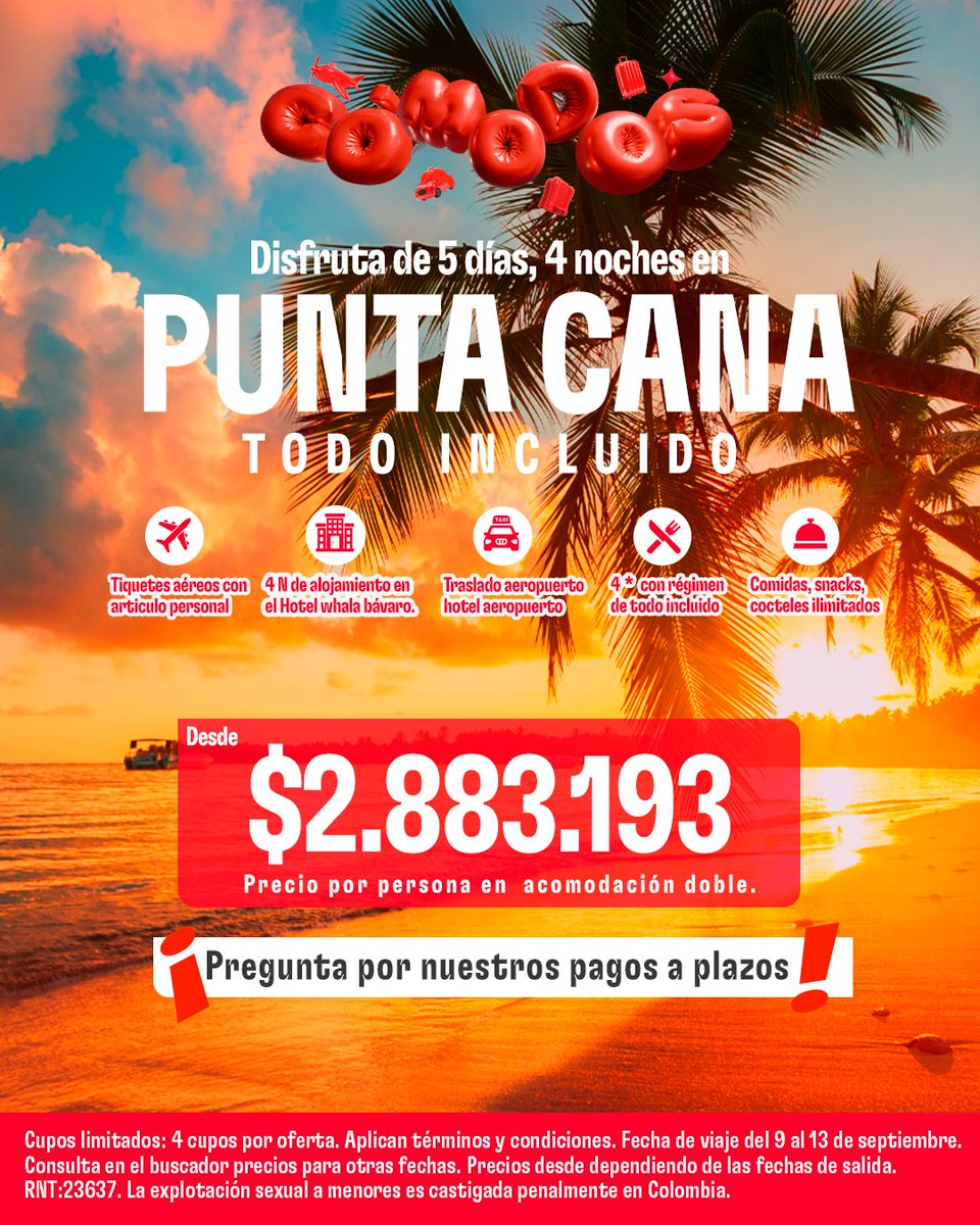 ✨ ¿Cuándo fue la última vez que te regalaste un descanso?
Este es tu momento: Punta Cana te espera con sol, mar y el plan más cómodo 🌞

💥 ¡Aplica pagos a plazos!

*Aplican T&amp;C - RNT 23637

🔗 Reserva aquí → atrapalo.com.co/micro/Comodos/

#comodosatrapalo #comodoatrapalo