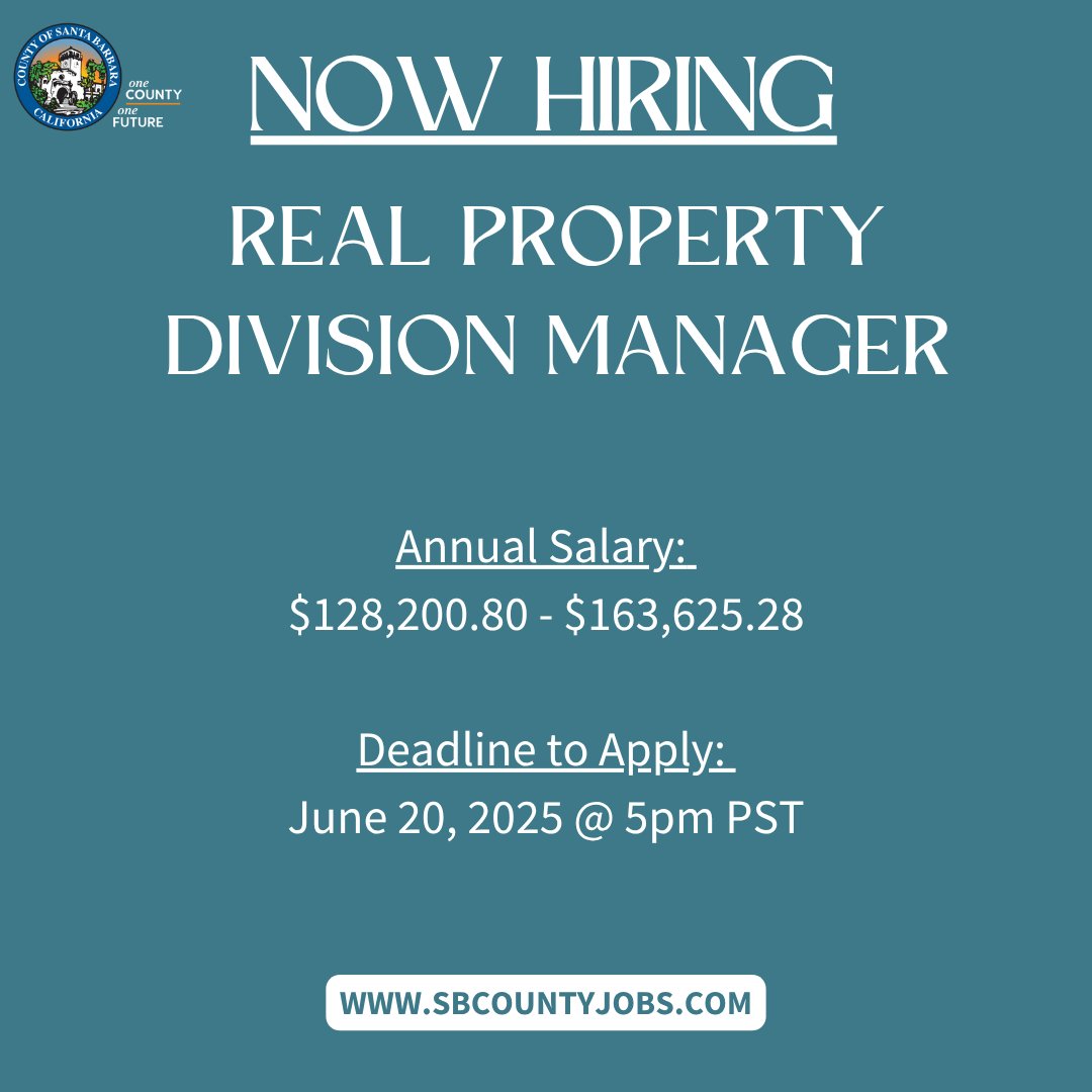 CountySBCareers's tweet image. We are currently accepting applications to fill 1 full-time Real Property Division Manager in the General Services Department in Santa Barbara. For more information, please visit SbCountyJobs.com. The deadline to apply is June 20, 2025 at 5pm PST. #ApplyNow #GovernmentJobs