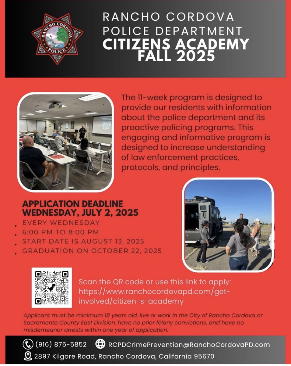 The next RCPD Citizens Academy registration is open and accepting applications until July 2nd! 🙌 The next 11-week course will start on August 13th, meeting every Wednesday from 6-8 PM. Register now for a view into RCPD/SSO, the law enforcement profession, &amp; the judicial system!