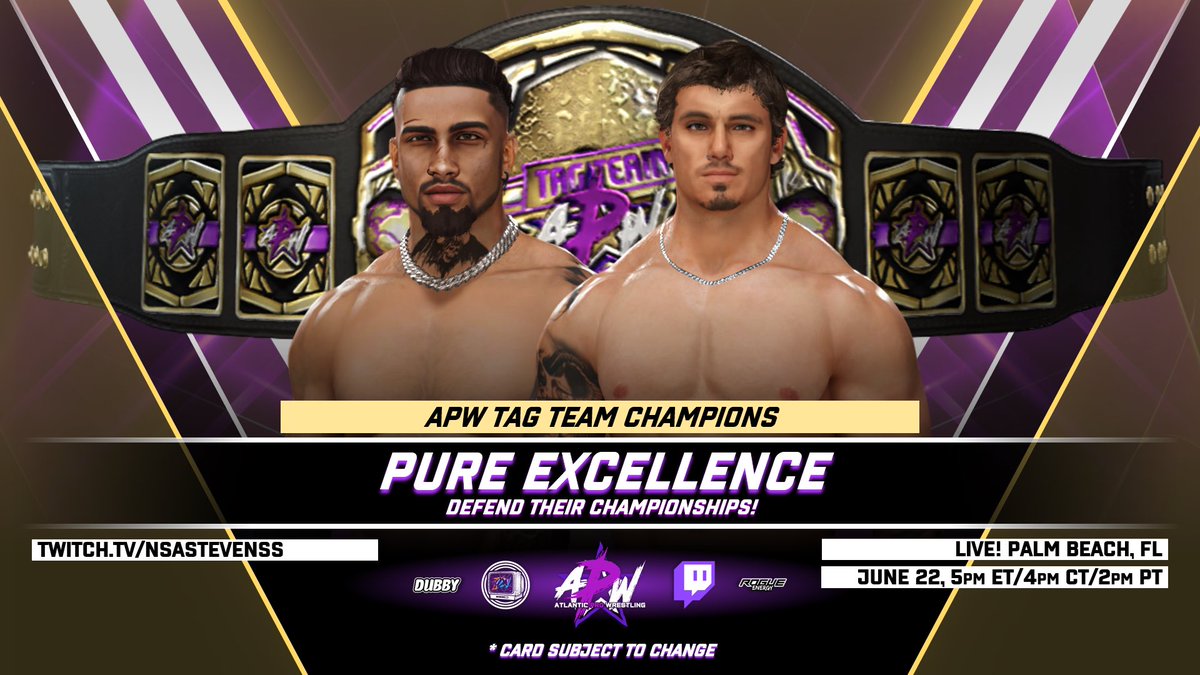 🚨WE. ARE. BACK. 🚨

💥Alexander Bishop is back!(🙄)
🌌Curk Crimson in the building!
⭐️Amber Reed Celebrates!
🏆Pure Excellence defends APW Tag Titles! 

MORE ANNOUNCEMENTS COMING SOON!

🗓️Sunday, June 22nd🗓️
🕓4pm CST🕓
➡️Twitch.tv/nsastevenss⬅️
