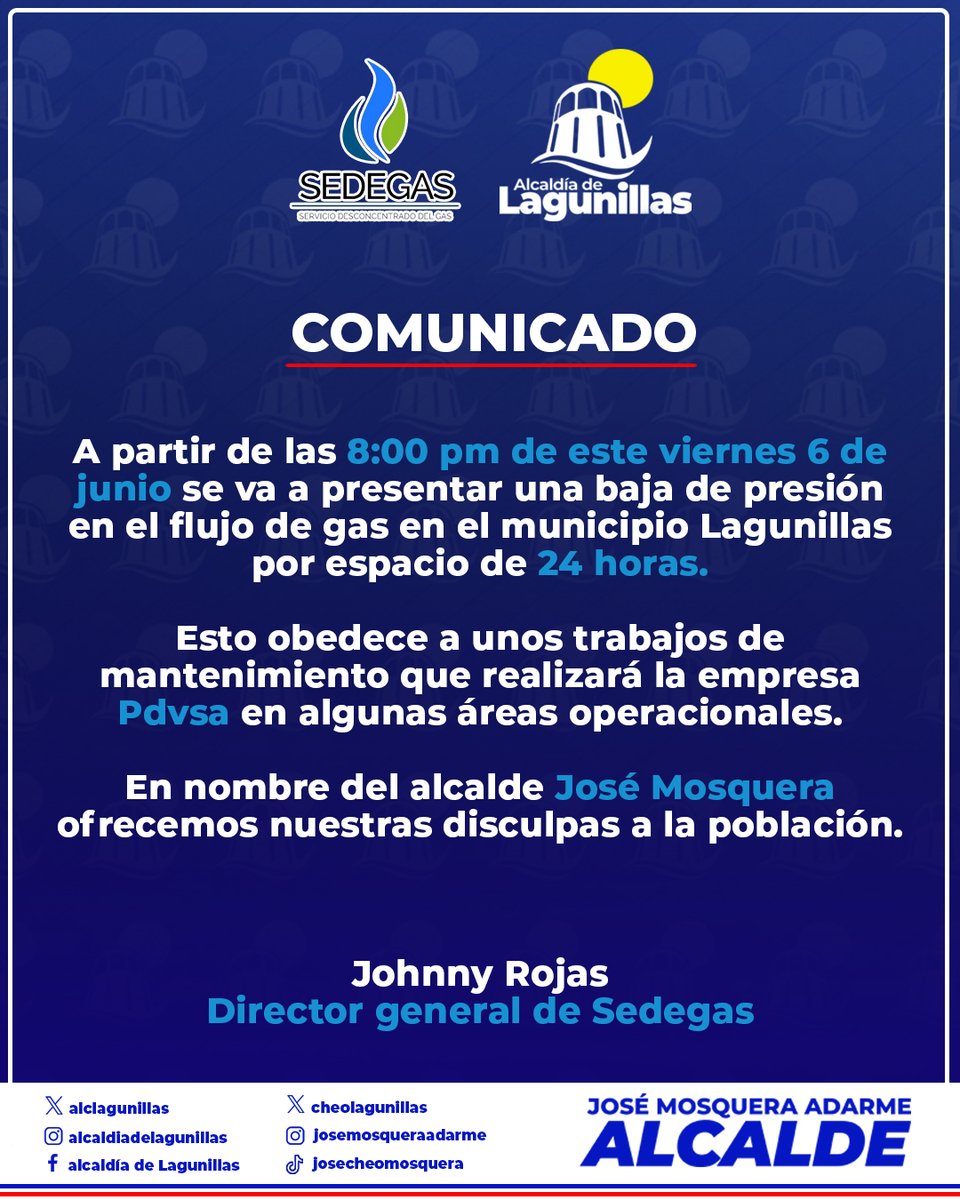 A partir de las 8:00 pm de este viernes 6 de junio se va a presentar una baja de presión en el flujo de gas en el municipio Lagunillas por espacio de 24 horas.

Esto obedece a unos trabajos de mantenimiento que realizará la empresa Pdvsa en algunas áreas operacionales.
