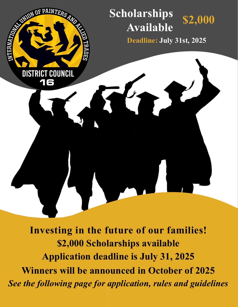 🎓 The 2025 Walter Cantrell Scholarship is LIVE! 🎓

We’re proud to support the future of our members’ families with awarding $2,000 scholarships. Dependents of DC16 members in good standing are eligible to apply! 

👉 Apply here: dc16iupat.org/2025-walter-ca…