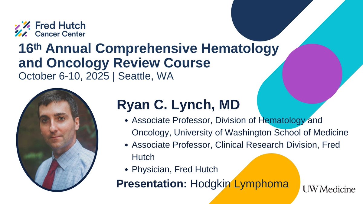 🎓 Ryan C. Lynch, MD—expert in lymphomas and CLL—will present on Hodgkin Lymphoma (HL) at the Hem &amp; Onc Review, Oct 6–10 in Seattle. Join us in person to learn, connect, and grow. #Hematology #CME #Lymphoma
uw.cloud-cme.com/MJ2601
<a href="/UWMedicine/">UW Medicine</a> <a href="/fredhutch/">Fred Hutch Cancer Center</a> <a href="/RyanCassaday/">Ryan Cassaday</a> <a href="/MollyTokaz/">Molly Tokaz</a>