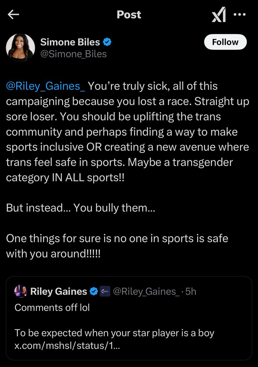 Olivia Krolczyk (@oliviakrolczyk_) on Twitter photo Can someone please explain to <a href="/Simone_Biles/">Simone Biles</a> that the only reason she accomplished anything in athletics is BECAUSE we have the separation of men & women’s sports.
Perhaps she never learned to read and doesn’t understand why Title 9 is important🤷♀️ Can someone please explain to <a href="/Simone_Biles/">Simone Biles</a> that the only reason she accomplished anything in athletics is BECAUSE we have the separation of men & women’s sports.
Perhaps she never learned to read and doesn’t understand why Title 9 is important🤷♀️