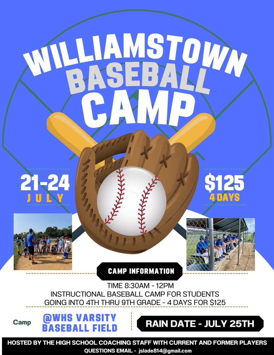 Excited to have our 3rd annual Williamstown Baseball Camp this summer. Link to register:

forms.gle/Lxe6KmM9DotdP2…