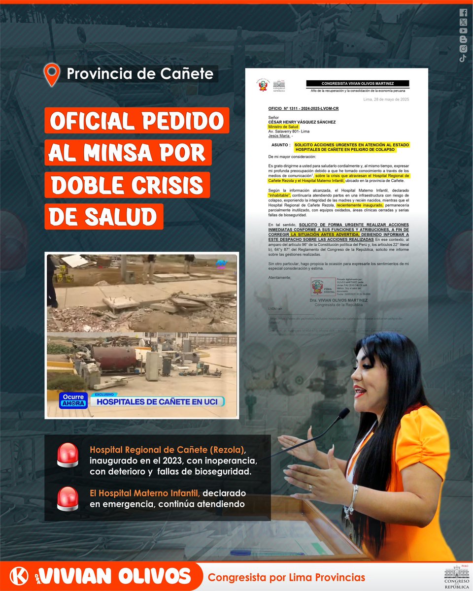 Vivian Olivos (@vivianolivos) on Twitter photo ✅ Hace poco, un informe de ATV evidenció la penosa situación del estado de Salud en #Cañete, por lo cual, he oficializado el pedido al <a href="/Minsa_Peru/">Ministerio de Salud</a> para las acciones correspondientes
#ConLaPoblación #LimaProvincias #VivianOlivos #Abogando #Cañetanos #Cañetana #LimaSur #SurChico ✅ Hace poco, un informe de ATV evidenció la penosa situación del estado de Salud en #Cañete, por lo cual, he oficializado el pedido al <a href="/Minsa_Peru/">Ministerio de Salud</a> para las acciones correspondientes
#ConLaPoblación #LimaProvincias #VivianOlivos #Abogando #Cañetanos #Cañetana #LimaSur #SurChico
