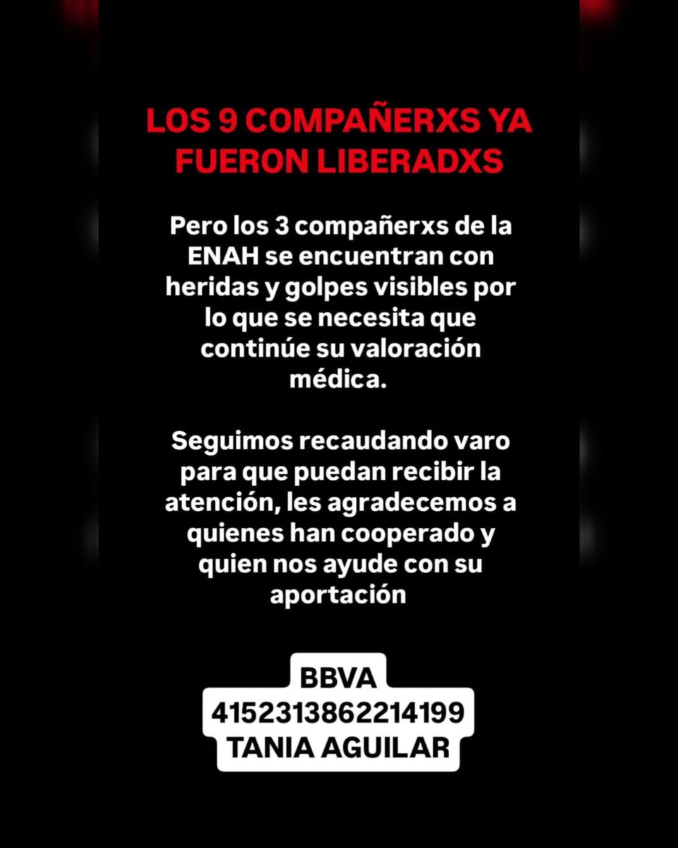 ⚠️ Lxs 9 compas ya fueron liberadxs, pero la situación sigue siendo de ALTO RIESGO.
3 compañerxs de la ENAH presentan heridas visibles y requieren seguimiento médico.

¡Exigimos castigo a los responsables y alto a la criminalización de la protesta!

Se continúa recaudando fondos