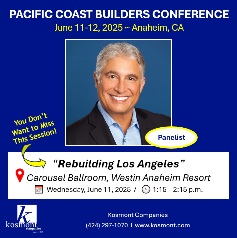Join #Kosmont Chairman &amp; CEO, Larry Kosmont on Wednesday, June 11 from 1:15–2:15 PM at the Pacific Coast Builders Conference (#PCBC2025) for “Rebuilding Los Angeles” — a critical panel on recovery efforts following the devastating Los Angeles wildfires. From fast-tracking