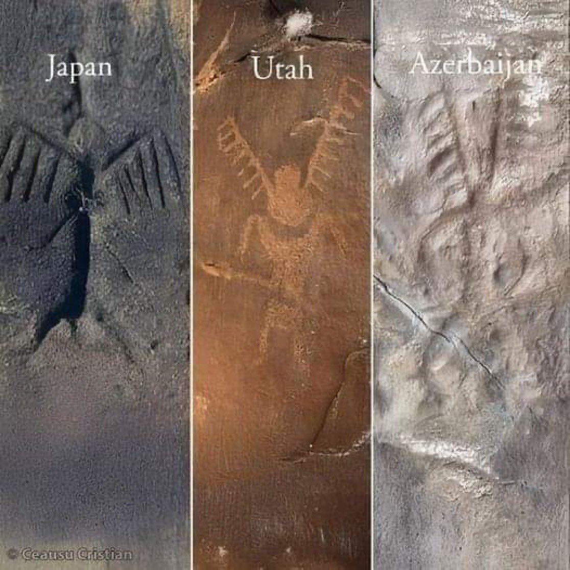 beforethewest's tweet image. The striking similarities among nearly identical petroglyphs discovered in Japan, Utah-USA, and Azerbaijan prompt intriguing inquiries into the connections between ancient cultures. These carvings, located in Fugoppe Cave in Japan 🇯🇵, Nine Mile Canyon in Utah 🇺🇸, and Gobustan in…