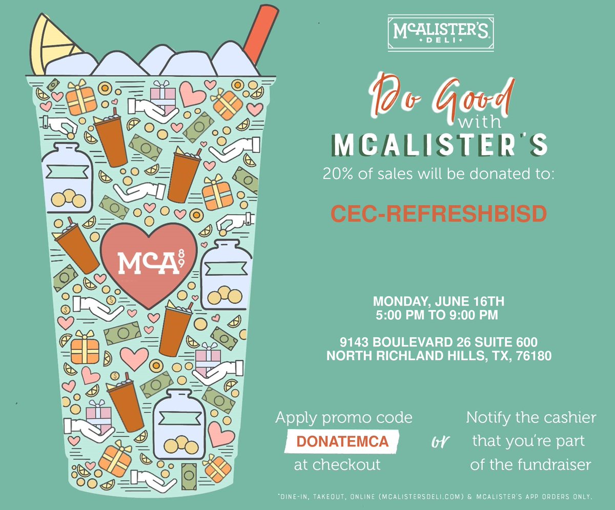 HEBChamber's tweet image. The HEB Chamber shares Community Enrichment Center’s Dine for a Cause! Eat at McAlister’s Deli June 16, 5-9 PM, to support REFRESH 2025 for kids. communityenrichment.org/refresh #HEBThePlace2B #DineForGood #REFRESH2025