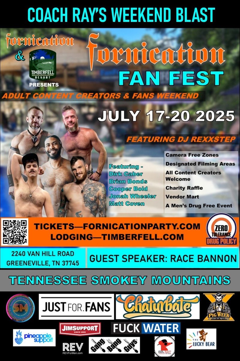 The Notorious R.O.D. Roderator To The Stars (@frankforealz) on Twitter photo The <a href="/FornicationMen/">X: Ray Dalton’s Fornication</a> Fan Fest is coming to Timberfell, TN on July 17th-20th.
Featuring:
<a href="/BrianBondsXXX/">Brian Bonds (200K) PV 5/12-5/21</a>
<a href="/CooperRayXXX/">Cooper Ray XXX ✈️ Timberfell 7/17</a>
<a href="/ShowOffJonah/">Jonah Wheeler</a>
<a href="/MattCovenXXX/">MattCovenXXX</a>
<a href="/DirkCaber/">Dirk Caber</a>
Tickets and information ⬇️
fornicationparty.com/knoxvilletn-ti… The <a href="/FornicationMen/">X: Ray Dalton’s Fornication</a> Fan Fest is coming to Timberfell, TN on July 17th-20th.
Featuring:
<a href="/BrianBondsXXX/">Brian Bonds (200K) PV 5/12-5/21</a>
<a href="/CooperRayXXX/">Cooper Ray XXX ✈️ Timberfell 7/17</a>
<a href="/ShowOffJonah/">Jonah Wheeler</a>
<a href="/MattCovenXXX/">MattCovenXXX</a>
<a href="/DirkCaber/">Dirk Caber</a>
Tickets and information ⬇️
fornicationparty.com/knoxvilletn-ti…