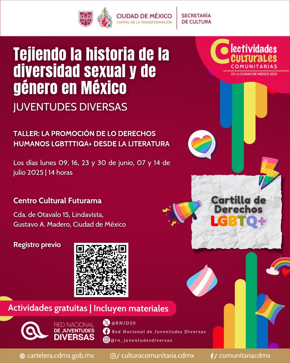 RNJD20's tweet image. 🗣️ Amigxs, ya llegó nuestra segunda etapa del proyecto cultural comunitario, así que, si les interesa ser parte de la creación de una Cartilla de los Derechos de la Población LGBTTTIQANBP+, en el QR se pueden registrar. 🏳️🌈🏳️⚧️
✨ *Recuerda seleccionar la actividad correcta. 💖