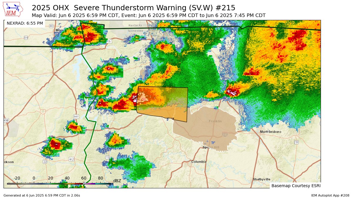 Northwestern Williamson County is included in a Severe Thunderstorm Warning until 7:45 PM. Expect 60 mph wind gusts and quarter-size hail.