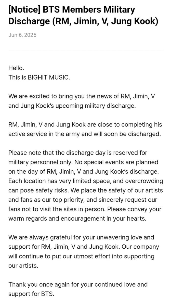 “Merhaba.
Bu BIGHIT MUSIC.

RM, Jimin, V ve Jung Kook’un yaklaşan terhis haberini sizlerle paylaşmaktan büyük heyecan duyuyoruz.

RM, Jimin, V ve Jungkook, aktif askerlik hizmetlerini tamamlamak üzereler ve yakında terhis olacaklar.

Lütfen terhis gününün yalnızca askeri personel