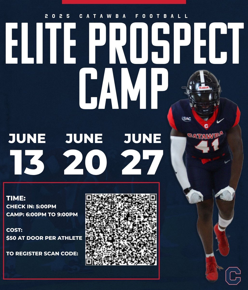 I’d like to announce I will be attending the <a href="/CatawbaFootball/">Catawba Football</a>  PROSPECT camp on June 20th, <a href="/OfficialBLSfb/">Ben L. Smith Football</a> <a href="/CoachLeeBax/">CoachBax</a> <a href="/CoachGeoff_LYM/">LeaveYaMarkFb</a> <a href="/SportEnrichment/">CoachNickBurns</a> <a href="/COACHJACKSON336/">Coach Jack</a> <a href="/DimeFitt/">Dime</a> <a href="/PrepRedzone/">Prep Redzone 🏈</a> <a href="/tyhaines16/">Tyler Haines</a> <a href="/Coach_BCollins/">Brian Collins</a> <a href="/CoachBThomson/">Braden Thomson</a> <a href="/Coach_Overman/">Tee Overman</a> <a href="/CoachVellucci/">Jake Vellucci</a>
