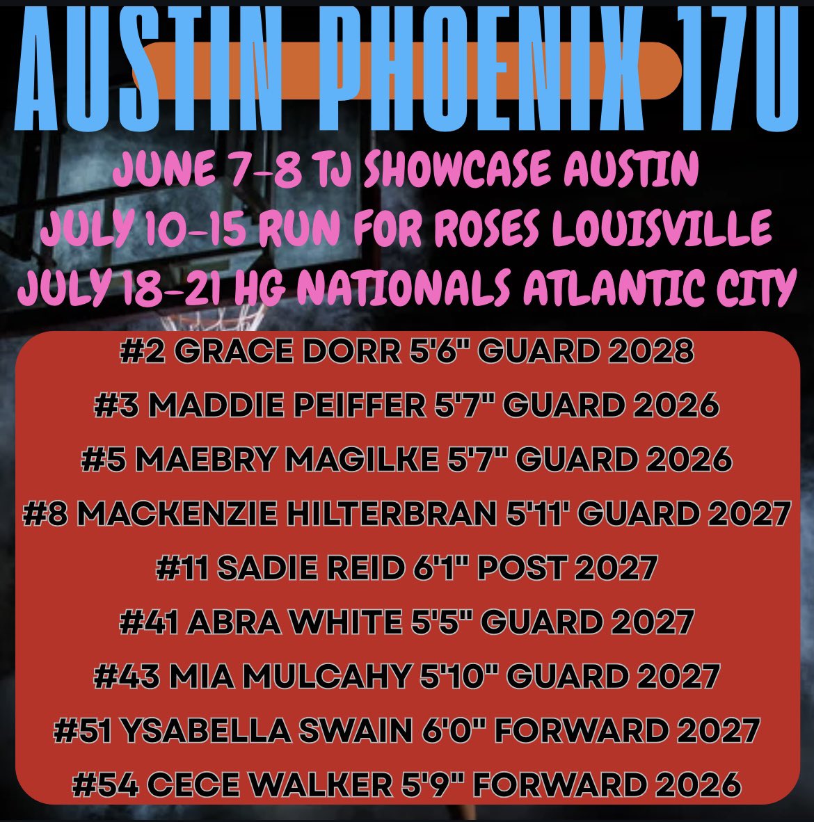Phoenix Select (@phoenixselect) on Twitter photo Austin Phoenix 17U roster & remainder of schedule‼️
➡️1 state ranked player
➡️Multiple players w/ college interest
➡️1 player w/college offer
➡️1 player can grab the rim
<a href="/ejleesmith/">Coach EJ Lee Smith</a> <a href="/SRSU_WBB/">Sul Ross State Women’s Basketball</a> <a href="/Coach_VaL/">Valerie Huizar</a> <a href="/madridmichaelj/">Michael Madrid</a> <a href="/Javelina_WBB/">Javelina Women’s Basketball 🏀🐗</a> <a href="/cruwomenshoops/">UMHB Women's Basketball🏀</a>
<a href="/BiglerCaitlin/">Caitlin Kriesel-Bigler</a> <a href="/MattWallisCTX/">Matt Wallis</a> Austin Phoenix 17U roster & remainder of schedule‼️
➡️1 state ranked player
➡️Multiple players w/ college interest
➡️1 player w/college offer
➡️1 player can grab the rim
<a href="/ejleesmith/">Coach EJ Lee Smith</a> <a href="/SRSU_WBB/">Sul Ross State Women’s Basketball</a> <a href="/Coach_VaL/">Valerie Huizar</a> <a href="/madridmichaelj/">Michael Madrid</a> <a href="/Javelina_WBB/">Javelina Women’s Basketball 🏀🐗</a> <a href="/cruwomenshoops/">UMHB Women's Basketball🏀</a>
<a href="/BiglerCaitlin/">Caitlin Kriesel-Bigler</a> <a href="/MattWallisCTX/">Matt Wallis</a>