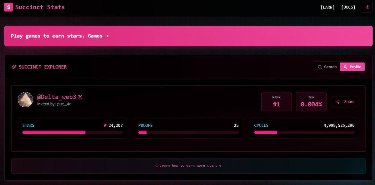 .<a href="/SuccinctLabs/">Succinct</a> STAGE 1 LEADERBOARD IS WORKING

Fresh data just dropped on Succinct Stats — check your rank now - succinct-stats.xyz

Stage 2 leaderboard API for devs is coming soon too.

Gnight 💤