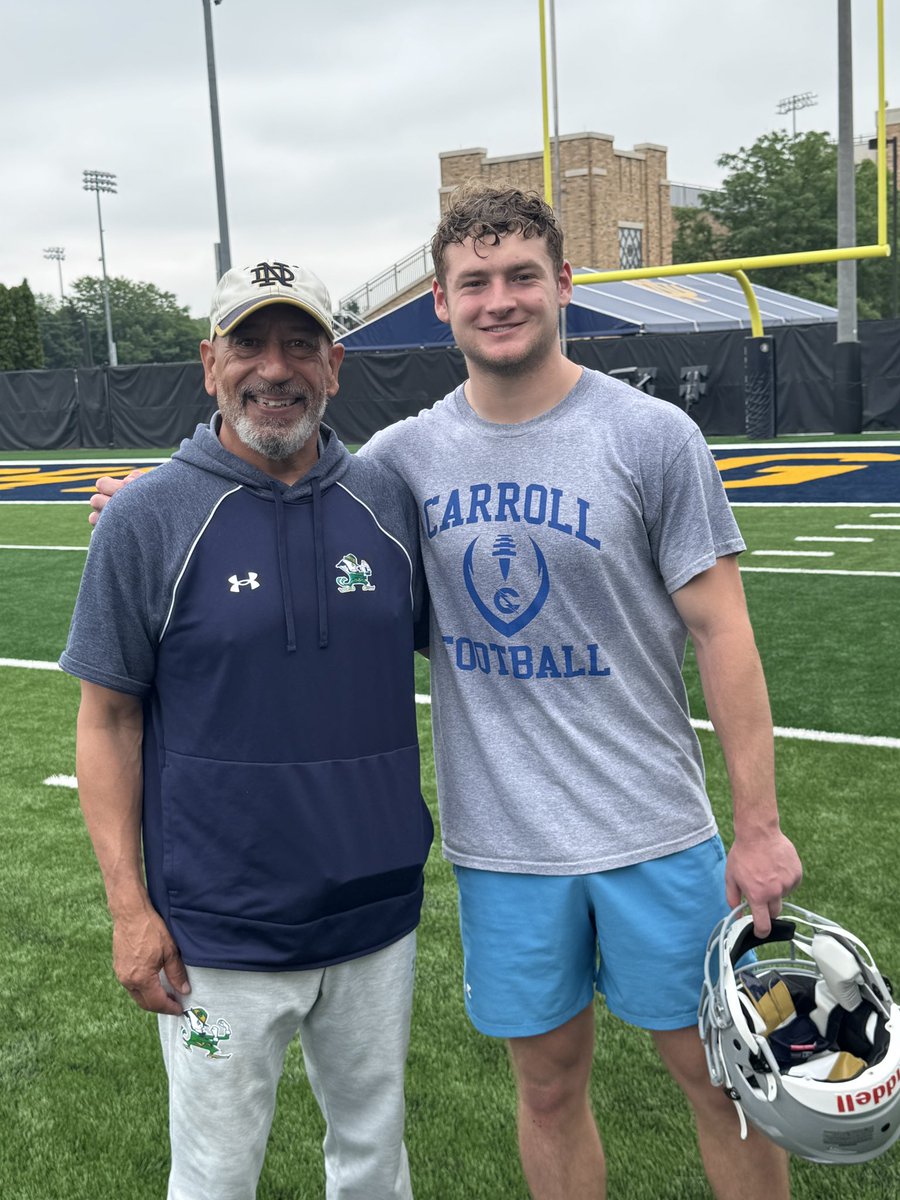 billyL_34's tweet photo. I appreciate the opportunity to compete at the @NDFootball Irish Invasion camp today! Such a great experience and loved being on the Notre Dame Campus. #irishinvasion @NDFootball @CarrollFB @Dre_Muhammad @CoachHoliness @TractionAp @Bryan_Ault @SWiltfong_ @TomLoy247 https://t.co/OAzGj1VVow