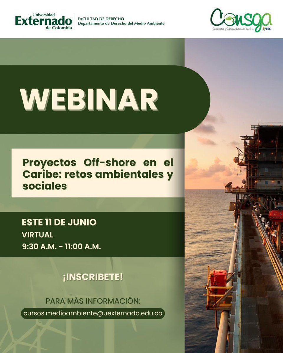 🌊 Webinar | Proyectos Offshore en el Caribe: Retos Ambientales y Sociales

Un espacio académico y técnico sobre una de las apuestas más importantes del país en materia energética y ambiental.

📝 inscríbete 👉forms.office.com/r/0psRZ9tjNq