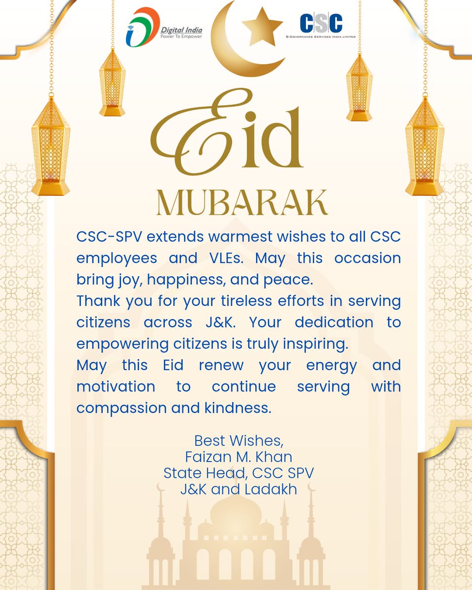 CSC J&K (@cscjk) on Twitter photo Mr. <a href="/faizankhan39/">Faizan M.Khan</a>, State Head, J&K & Ladakh, extends warm Eid ul Adha greetings to CSC employees, VLEs & citizens we serve. May this occasion bring happiness, peace & prosperity.
#EidulAdhaMubarak #CSC Mr. <a href="/faizankhan39/">Faizan M.Khan</a>, State Head, J&K & Ladakh, extends warm Eid ul Adha greetings to CSC employees, VLEs & citizens we serve. May this occasion bring happiness, peace & prosperity.
#EidulAdhaMubarak #CSC