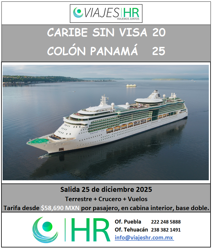 Festeja el Año Nuevo 2026 navegando por el mar Caribe a bordo del Serenade of the Seas de Royal Caribbean visitando Colón (Panamá), Cartagena de Indias (Colombia), Oranjestad y Kralendijk (Bonaire).

VIAJES HR
¡Viajemos Juntos!