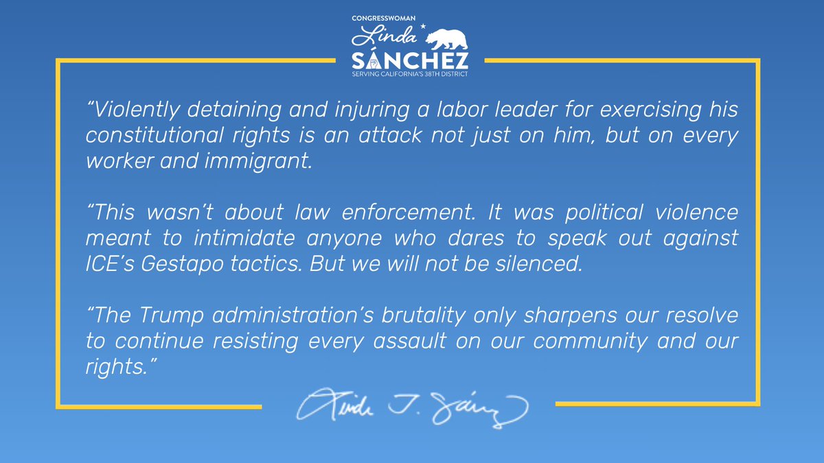 ICE violently detaining and injuring labor leader David Huerta for exercising his constitutional rights is an attack not just on him, but on every worker and immigrant.