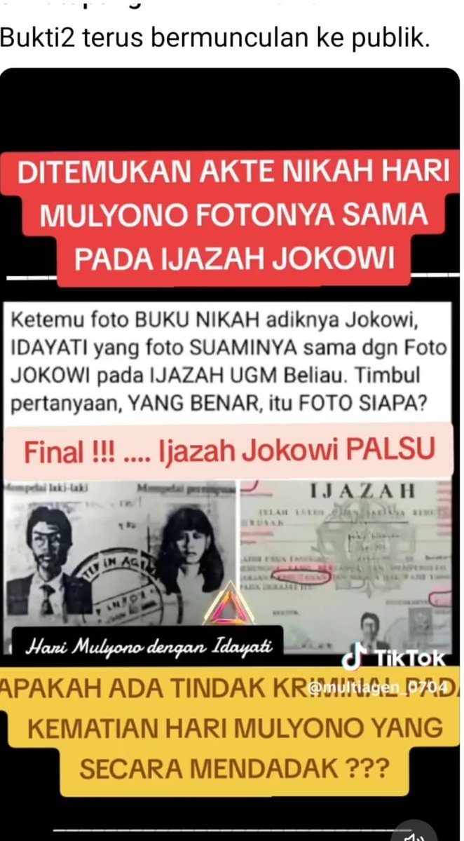 Ini adalah buku nikah Hari Mulyono dgn Idayati.
Photo ini sama persis dgn Photo Ijazah Jkwi.
Ha ha ha. Semakin terang.
KEBENARAN akan mencari jalannya sendiri.