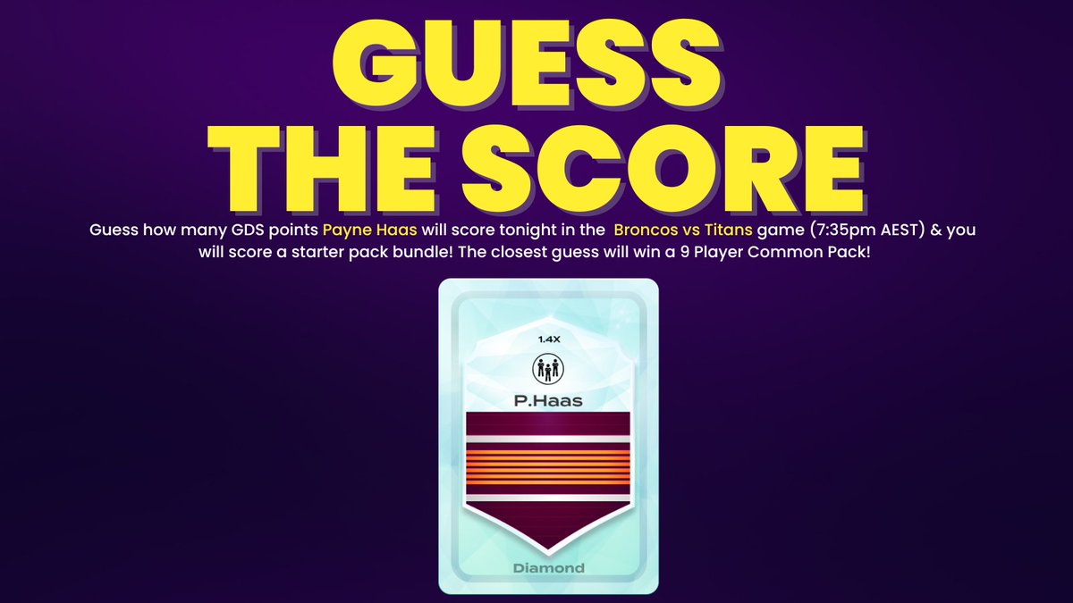 Guess Payne Haas' GDS score to WIN a starter pack bundle just for guessing! The closest submission to Haas' score will win a 9 player common pack!

Entries close at 7:35pm AEST, and edited submissions will be void. Drop your guesses below 👇💥

#GameDaySquad #rugbyleague