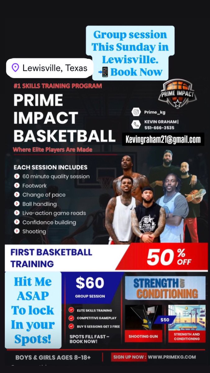 Prime_Impact_KG's tweet photo. NBA basketball training ages 8-18+ with coach PRIME. This Sunday in Lewisville TX group basketball training first session half off $30 !! Book now 📲 551-666-3535

WHY PARENTS TRUST US:
🏀 We train the BEST:
✅ 20+ NBA players
✅ 100+ D1 athletes
✅ WE GET RESULTS! 🏁 https://t.co/kJWMdSAXBu