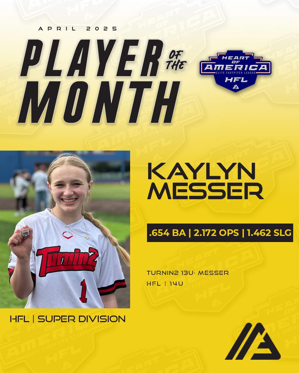 Turnin2 13u-Messer (@t2_13u_messer) on Twitter photo Shout out to <a href="/kaylynmesser1/">Kaylyn Messer</a> for earning April player of the month through the <a href="/thealliancefp/">The Alliance Fastpitch</a> Heart of America League!
<a href="/Turnin2Softball/">Turnin2 Softball</a>
<a href="/AGLSoftball/">AthletesGoLive Softball</a>
<a href="/D1Softball/">D1Softball</a>
<a href="/CollegeBDJocks/">College Bound Jocks</a> Shout out to <a href="/kaylynmesser1/">Kaylyn Messer</a> for earning April player of the month through the <a href="/thealliancefp/">The Alliance Fastpitch</a> Heart of America League!
<a href="/Turnin2Softball/">Turnin2 Softball</a>
<a href="/AGLSoftball/">AthletesGoLive Softball</a>
<a href="/D1Softball/">D1Softball</a>
<a href="/CollegeBDJocks/">College Bound Jocks</a>