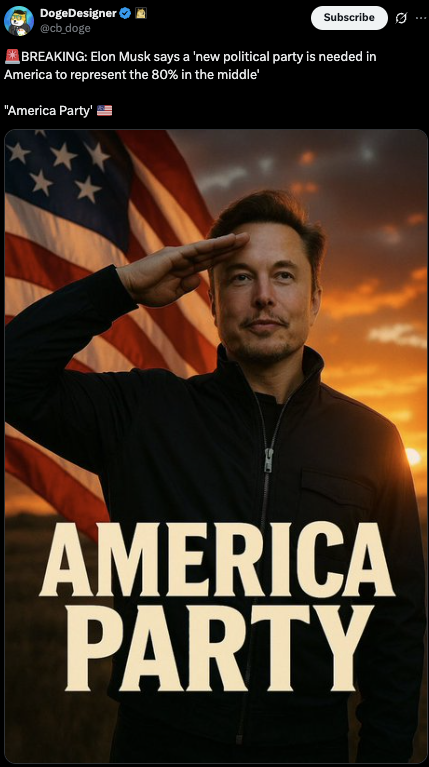 Today <a href="/elonmusk/">Elon Musk</a> tweeted he wants to start a new political party called "America Party" 

<a href="/realDonaldTrump/">Donald J. Trump</a> <a href="/dogeofficialceo/">Sir Doge of the Coin ⚔️</a> <a href="/elonmusk/">Elon Musk</a> tweeted about it and Trump even called it AP

Clearly states the name "America Party" in all tweets

yet idiots are trying to PVP it and add "THE"