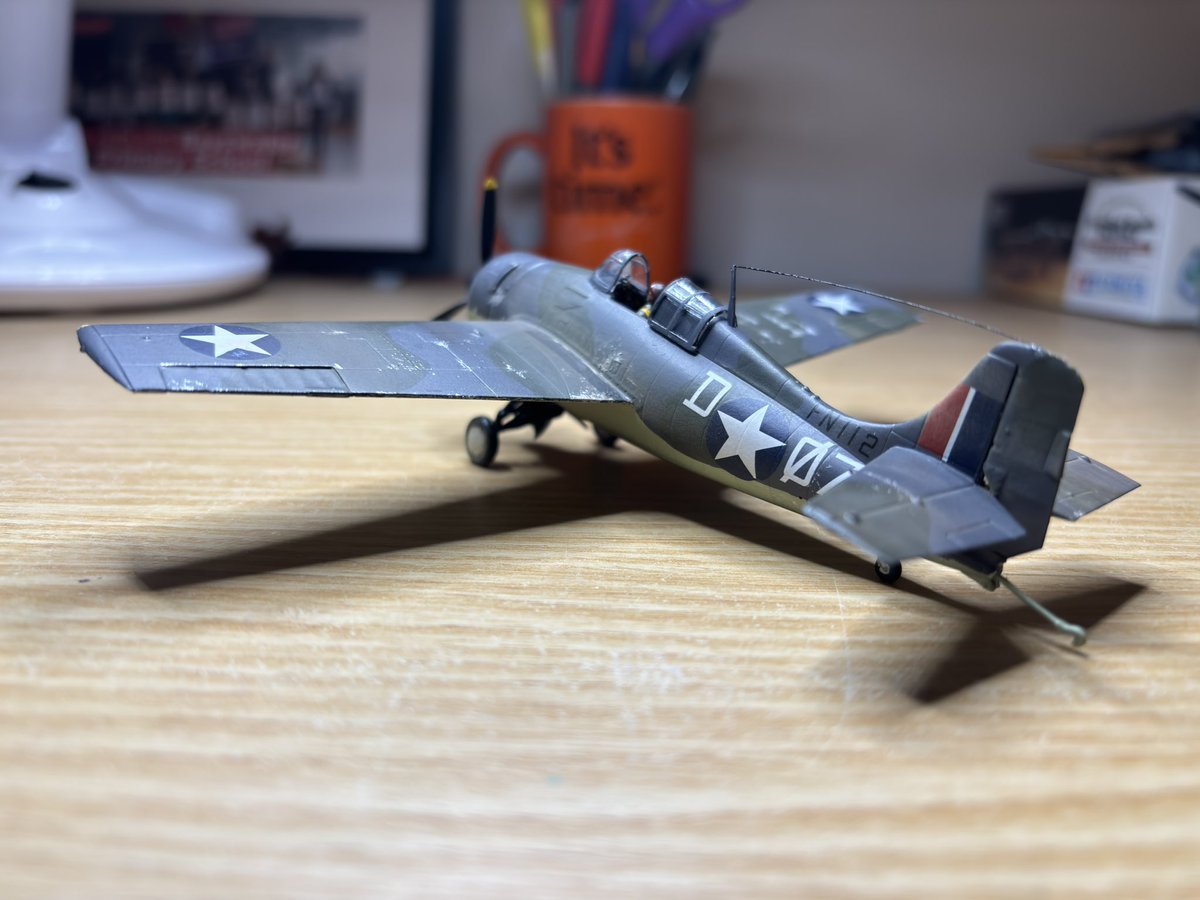 PatFromFTG's tweet image. Grumman Martlet Mk.IV, launching from the HMS Formidable during Operation Torch, in US colours.
Heavy(ish) chipping, good application of weathering powder (homemade 🤓) #JFFScaleModels