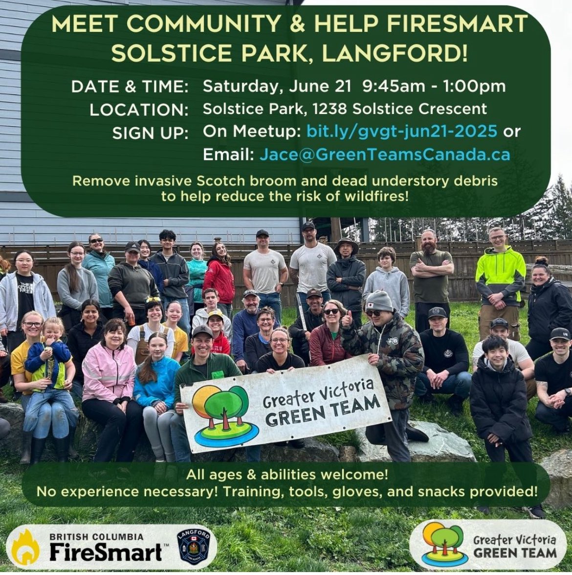 Connect with community and help FireSmart Solstice Park in Langford! 🌱

🌿 Join us on Saturday June 21st to help remove invasive Scotch broom and dead wood to improve the health of the park and reduce the risk of wildfire! 🔥🚒
#GreenHabits #community #volunteer #friends