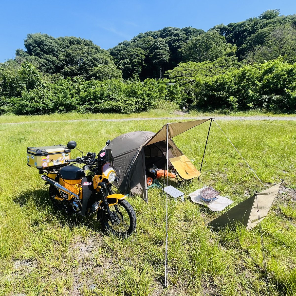 fukuda_tkc's tweet image. 今日は新幕での初キャンプでスミダへ/家から近いので楽ちん/今日明日の晴れ天気は貴重なのだ^_^
#黄カブ #ct125 #ハンターカブ #ソロキャンプ #とくらや　#単独野営 #焚き火 #愛川町