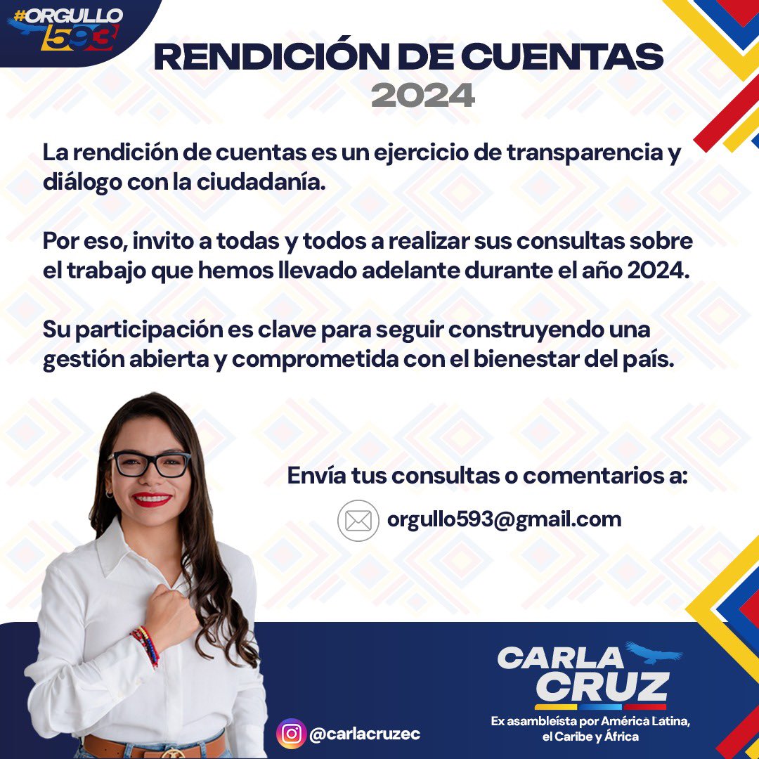 ATENCIÓN.

A lo largo del 2024 he trabajado con compromiso y convicción desde la <a href="/AsambleaEcuador/">Asamblea Nacional</a> y creo que rendir cuentas es parte esencial de servir a la gente.

Si tienes dudas, comentarios o quieres saber más sobre lo que hice esta año, escríbeme al Mail orgullo593@gmail.com