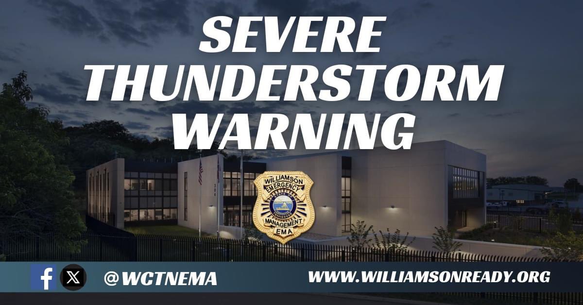 Northwestern Williamson County is included in a Severe Thunderstorm Warning until 8:30 PM. Expect 60 MPH wind gusts and quarter-size hail.