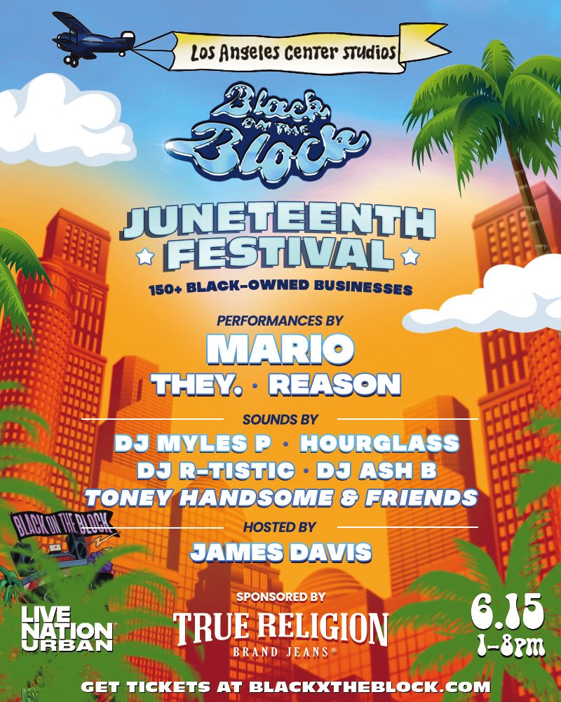 blackxtheblock's tweet image. Our Juneteenth Festival lineup is HERE! 🎤🔥 Get ready for live performances by Mario, They & Reason 🎶
Hosted by James Davis🧡
🎧 PLUS nonstop vibes from our all-star DJ lineup!!
Sponsored by @truereligion 🖤