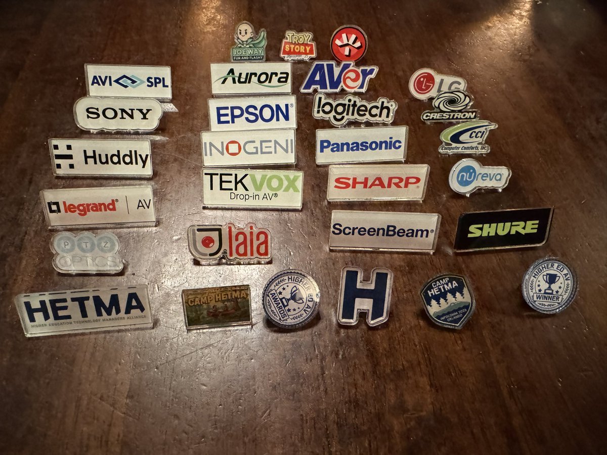 Calling all #HigherEd attendees of #Infocomm25, make sure to swing by the <a href="/HETMA_org/">HETMA</a> booth to collect your camp sash and then to the sponsors pictured here to collect your #CampHETMA pins for a chance to win a trip to #InfoComm26 and other great prizes!!!