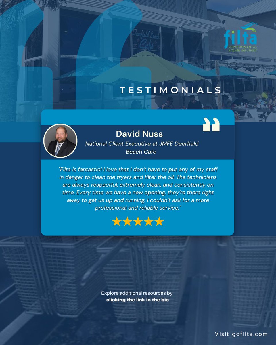 “Filta is fantastic! Techs are clean, respectful &amp; always on time.” – David Nuss, JMFE

👏 No risk, no mess—just pro fryer &amp; oil care, ASAP.
🧑‍🍳 Learn more: gofilta.com

#FiltaUSA #Testimonial #KitchenCare #RestaurantSafety #LaborRisk