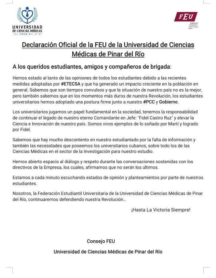 DECLARACIÓN DE LA FEU DE LA UNIVERSIDAD DE CIENCIAS MEDICAS DE #PinardelRío #UnidosXCuba