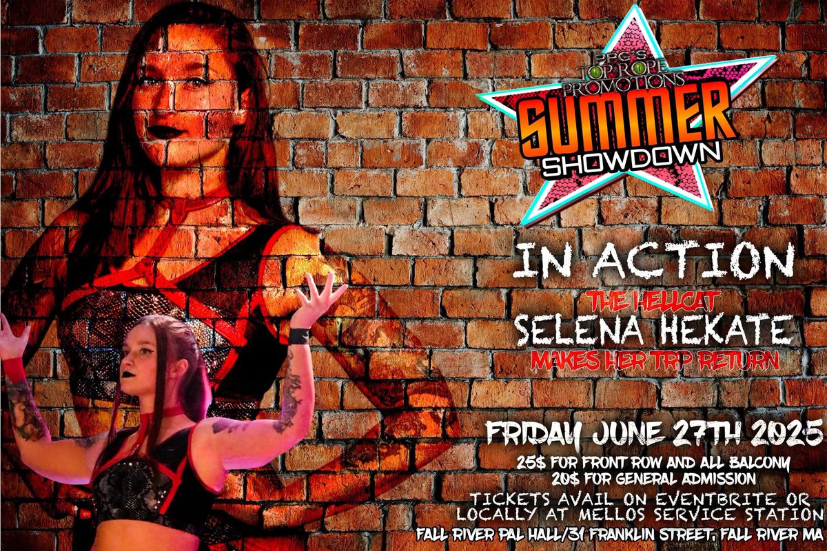 Top Rope Promotions (@topropepro) on Twitter photo For the first time in 2025 <a href="/hlwalker1995/">Selena Hekate</a> returns to Fall River and the PAL Hall for Top Rope Promotions TRP LIVE Pro Wrestling Presents Summer Showdown. Online tickets for this event are available now at
eventbrite.com/e/summer-showd…
More announcements tomorrow. For the first time in 2025 <a href="/hlwalker1995/">Selena Hekate</a> returns to Fall River and the PAL Hall for Top Rope Promotions TRP LIVE Pro Wrestling Presents Summer Showdown. Online tickets for this event are available now at
eventbrite.com/e/summer-showd…
More announcements tomorrow.