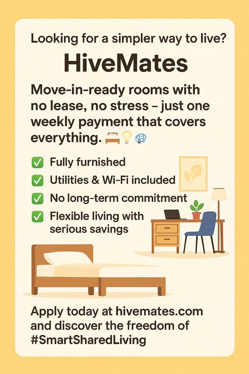 HiveMates's tweet photo. Looking for flexible, no-lease living? HiveMates has you covered.

✅ Furnished rooms
✅ Utilities &amp; Wi-Fi included
✅ Weekly payments
✅ No long-term commitment

Live smart. Live shared.

Apply now at https://t.co/p03s04djXi
#SmartSharedLiving #RoomForRent https://t.co/tBcCPqPV5Z