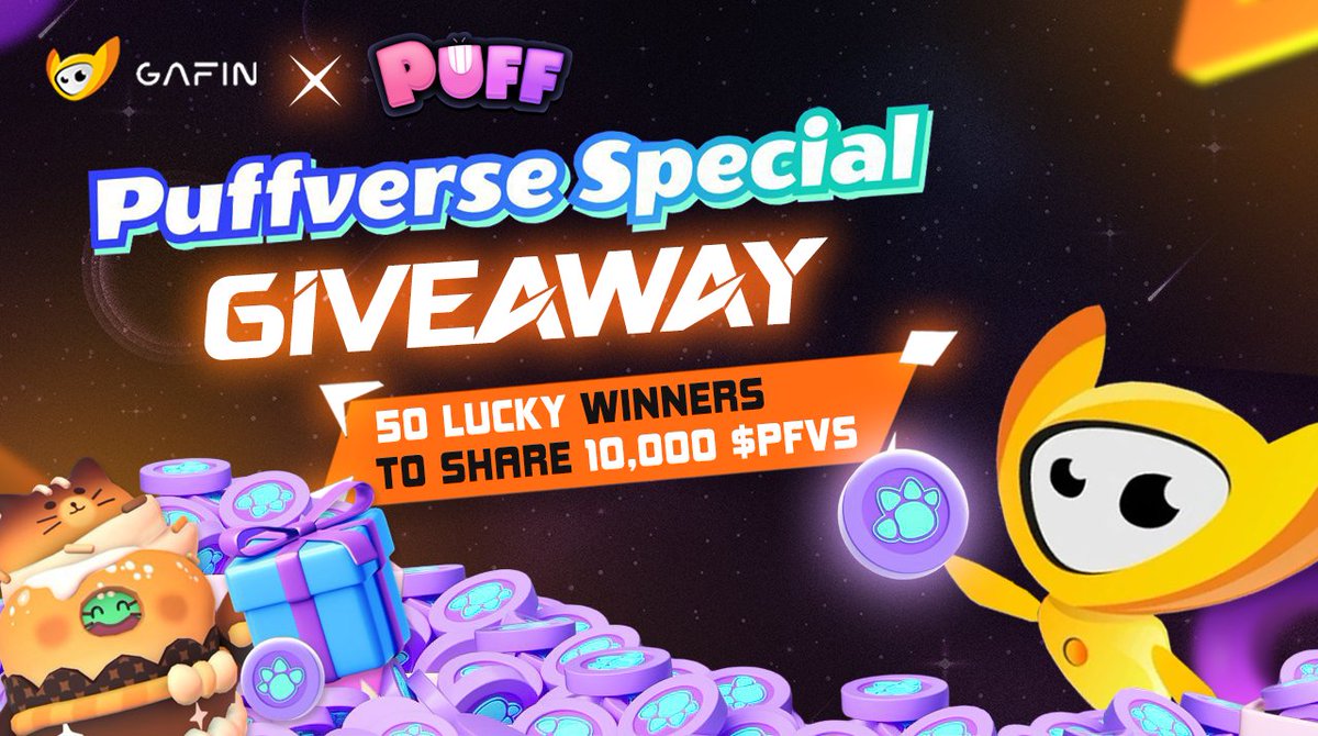 A big giveaway from Puffverse🎁🎁

<a href="/Puffverse/">Puffverse</a> brings you another interesting event
We will distribute 10,000 $PFVS among randomly selected 50 people.

- Follow <a href="/Gafin_io/">GaFin</a>  &amp; <a href="/Puffverse/">Puffverse</a>
- Like and Repost this post
- Finish tasks in the form

TO WIN GIVEAWAY:⬇️
-Fill The Form 👇👇